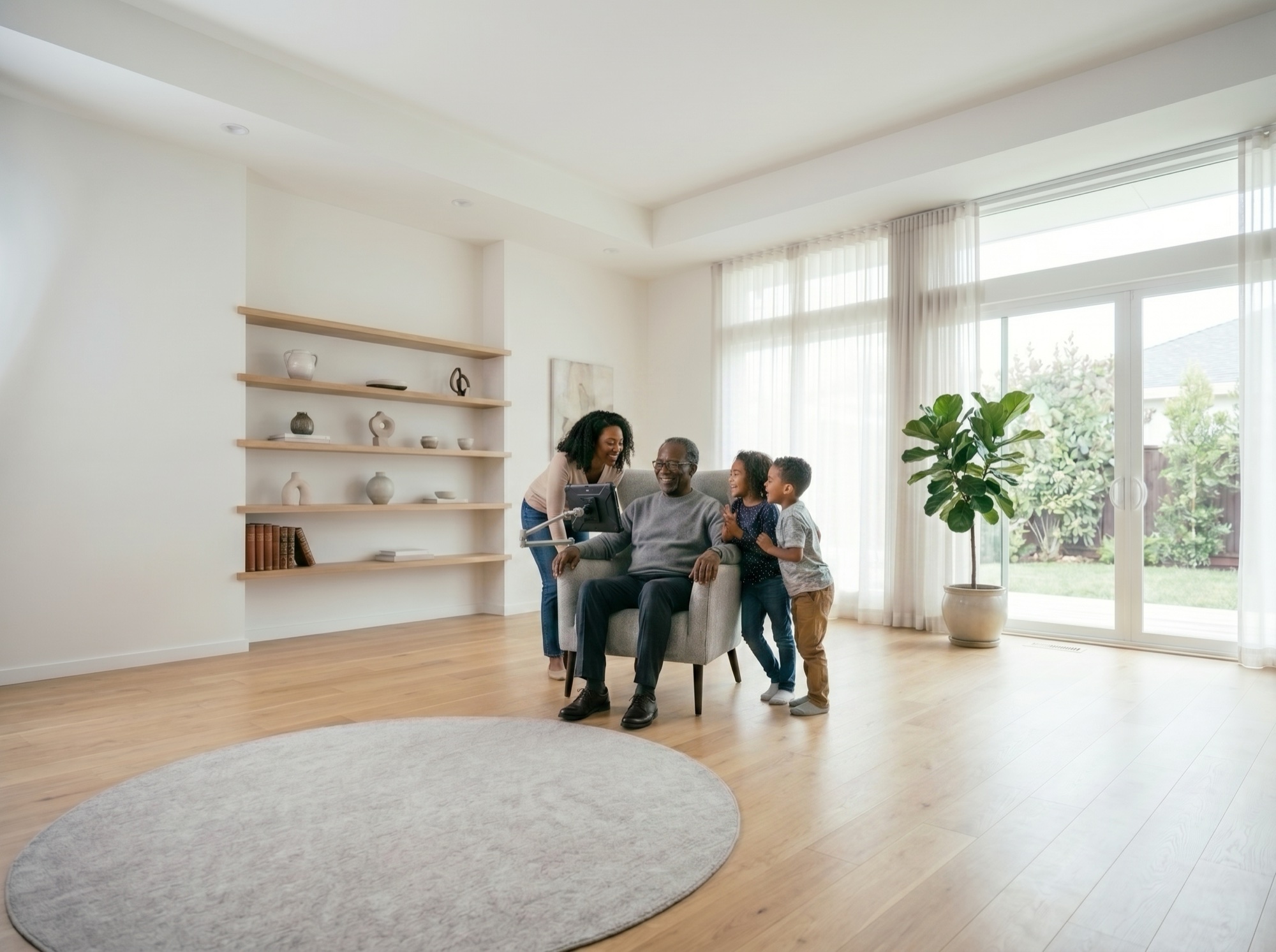 The same user at home, in conversation with his daughter and grandchildren
